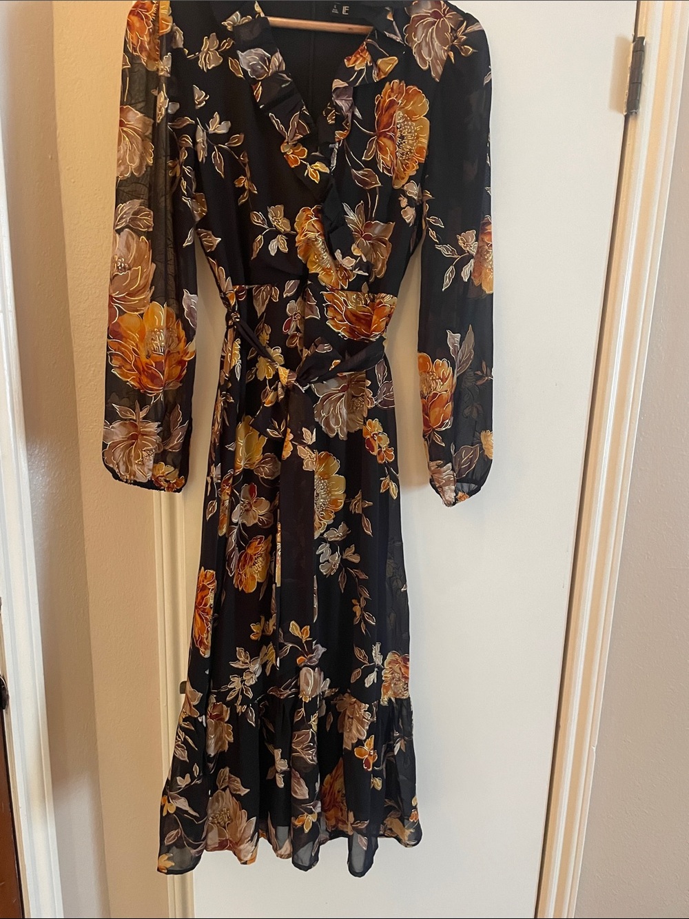 Leslie Fay Black Floral Wrap Midi Dress with Mustard & Cream Blooms